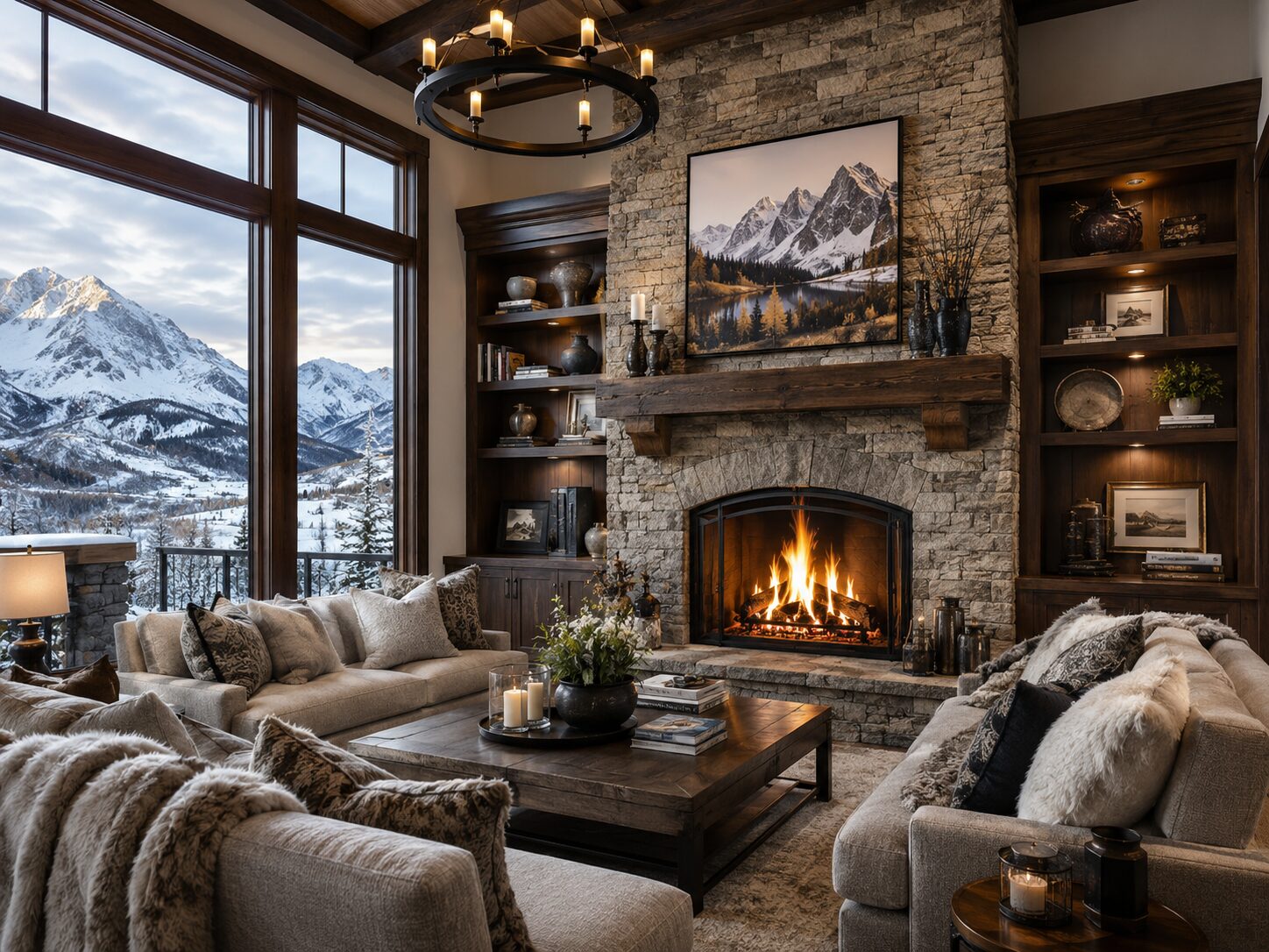 A fire burning in a stone fireplace in a Colorado living room