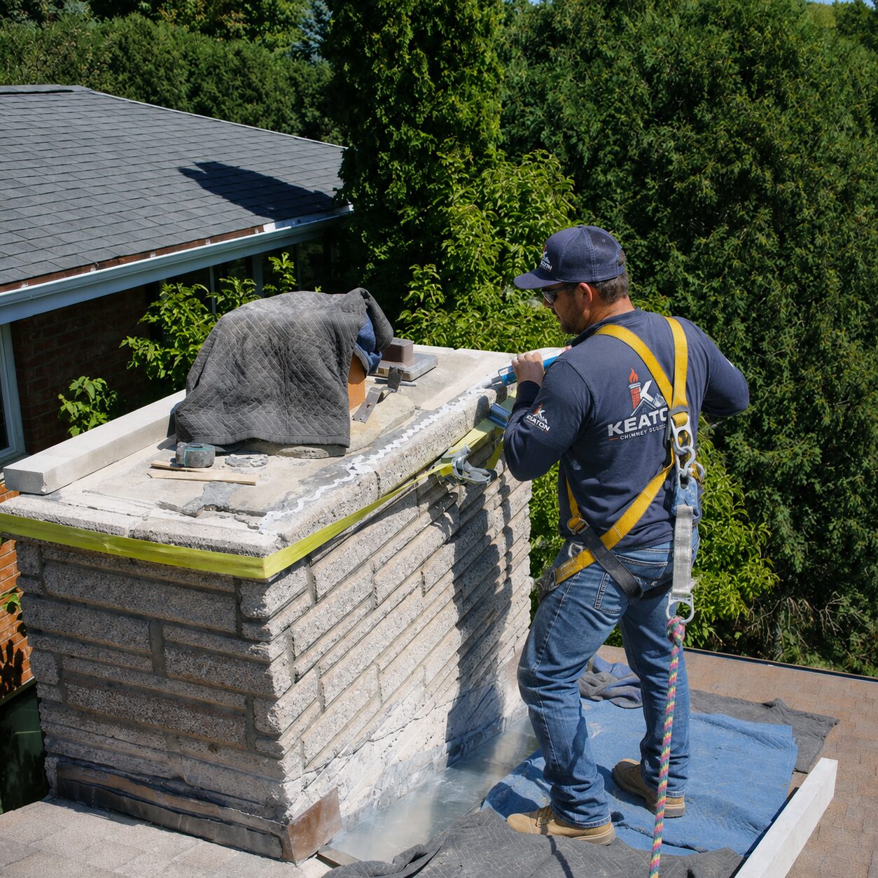 Keaton technicians repairing chimney masonry on a rooftop