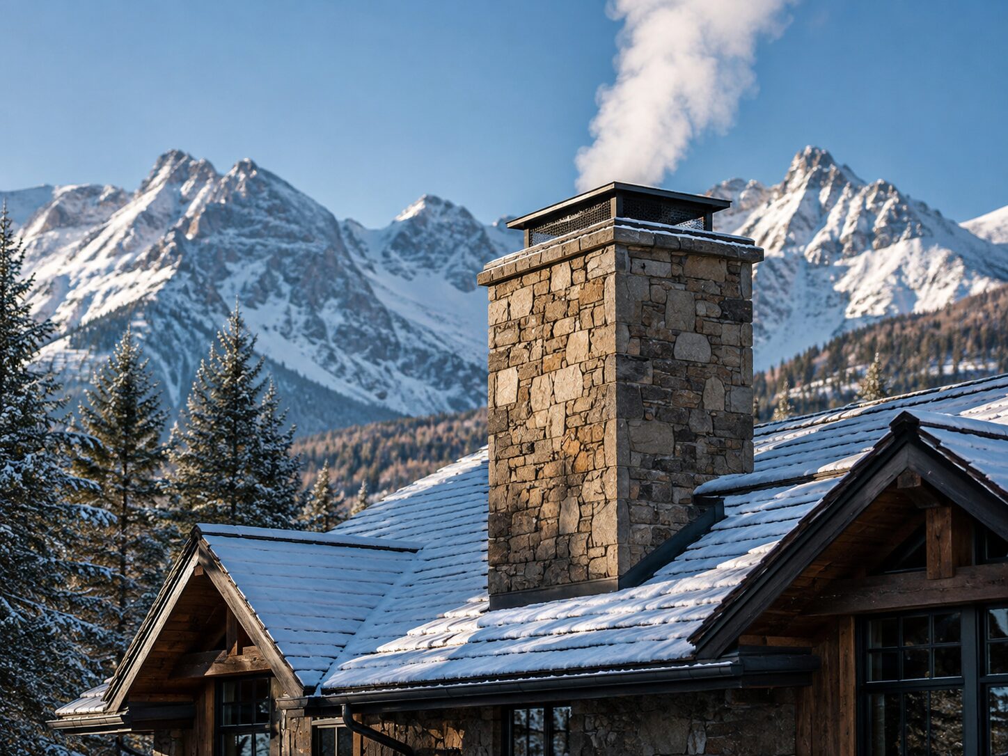 A snow-covered stone chimney in Northern Colorado