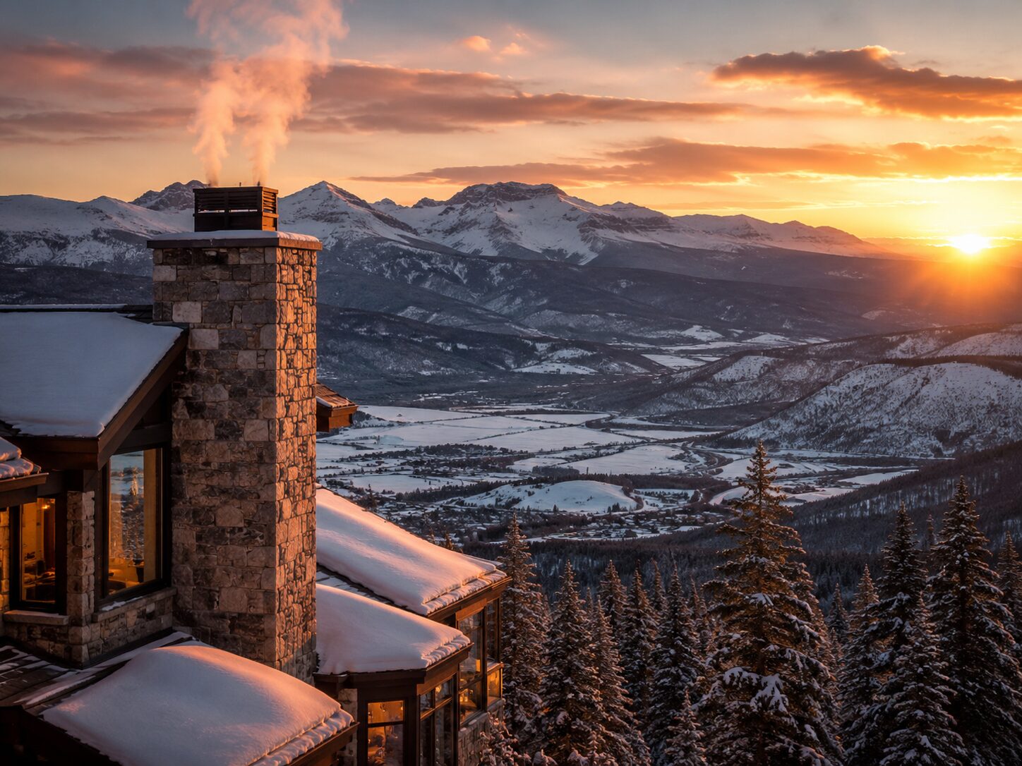 A stone chimney against the Pikes Peak region at sunset