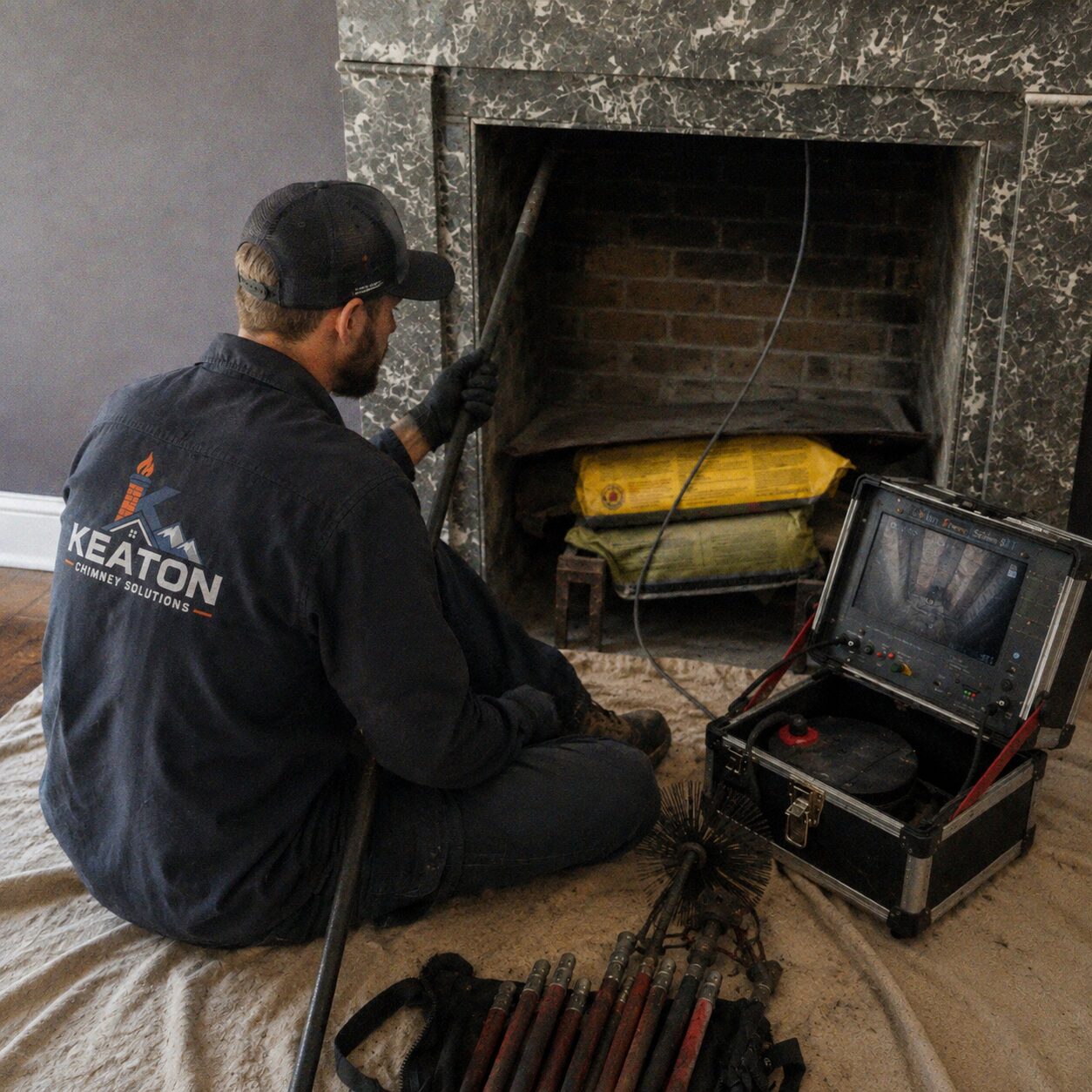 Keaton technician inspecting a firebox with a camera and tools