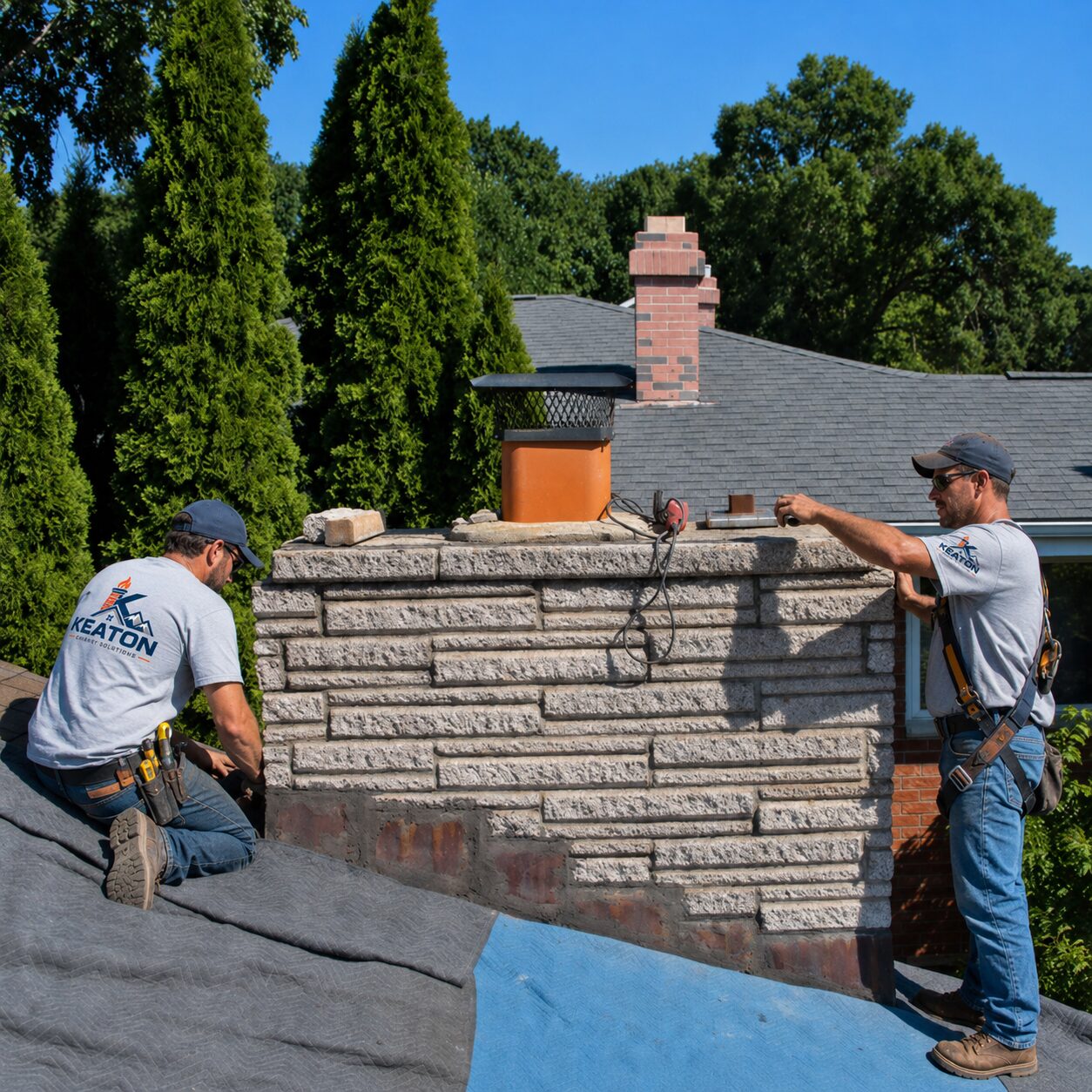 Keaton crew rebuilding a brick chimney