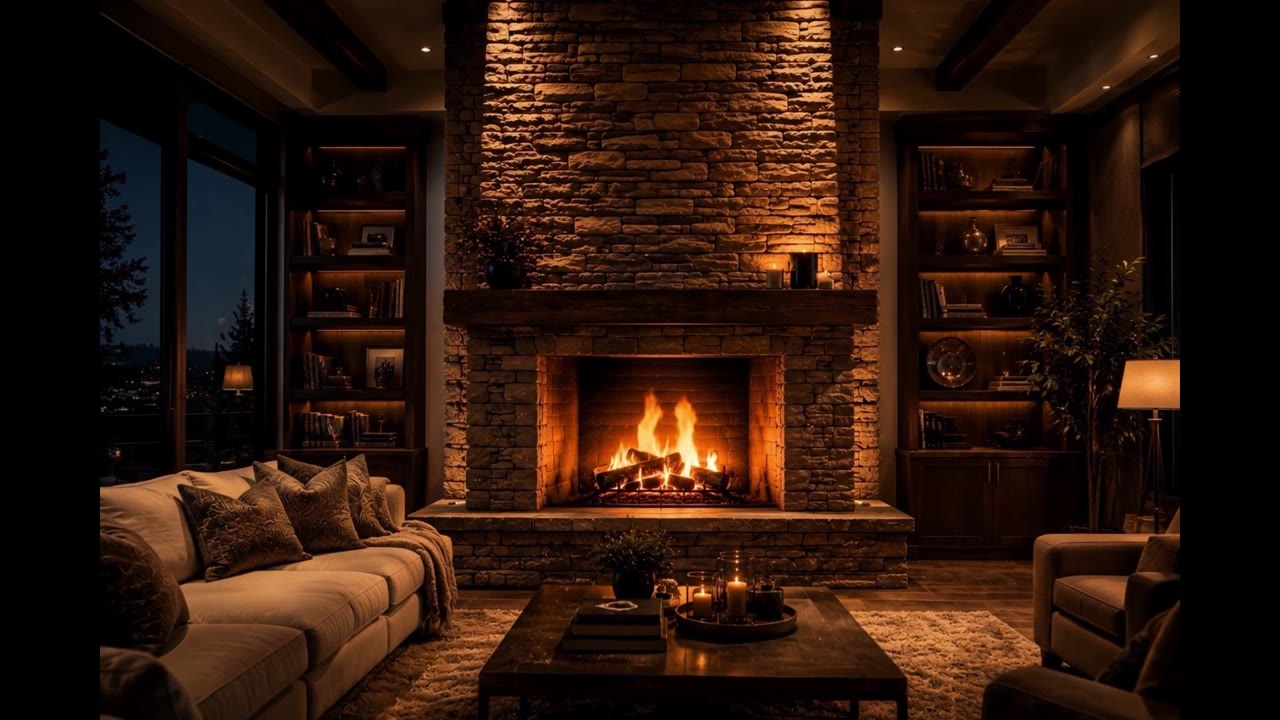 A warm fire glowing in a Colorado stone fireplace at night